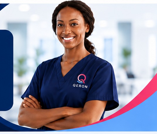 Qeron healthcare professional wearing a branded navy uniform